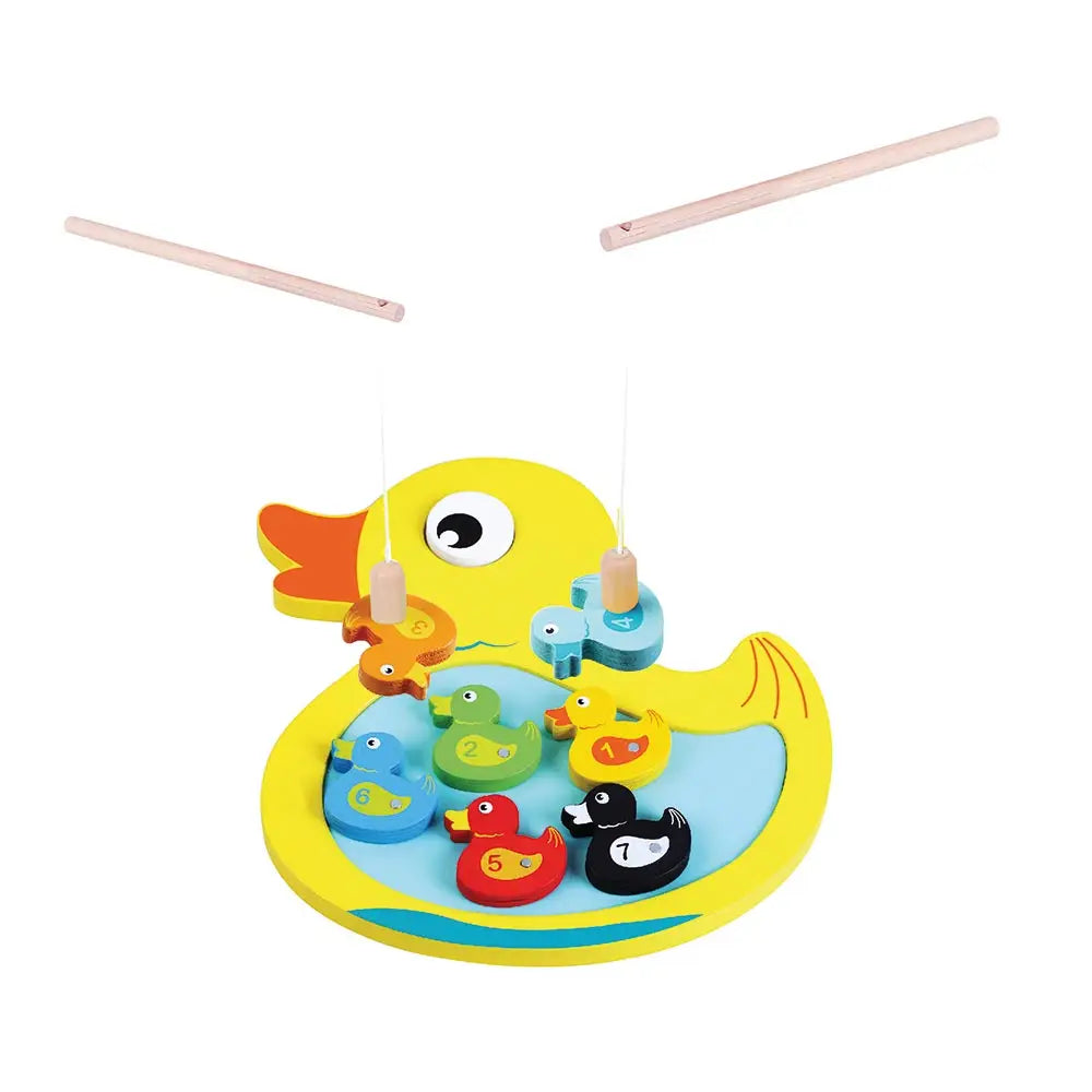Colourful duck-shaped fishing game toy with small duck figures on a white background