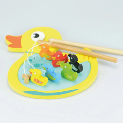 Colourful wooden duck hook game with a duck-shaped platform and pegged duck on a light grey background