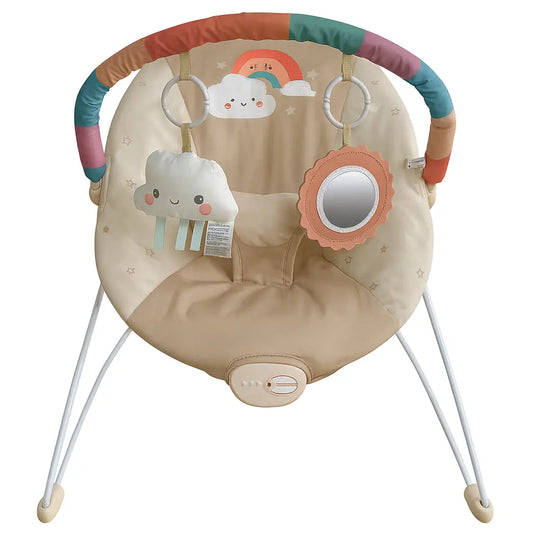 Baby bouncer with cloud and rainbow design on a white background