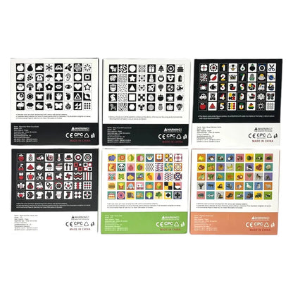 Collection of baby sensory flash card designs with various patterns and colour schemes on a white background