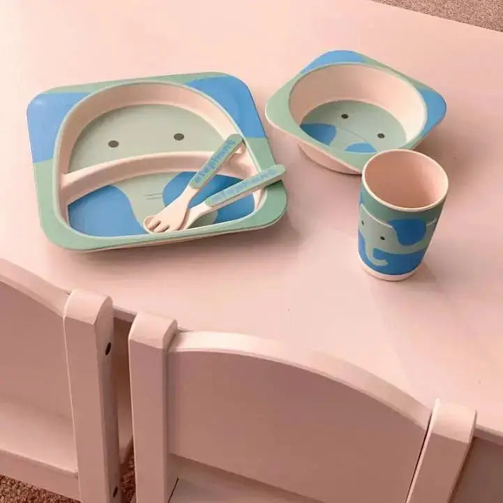 Children's 5 Piece Bamboo Dinner Set, Eco-Friendly, Dishwasher Safe (Elephant) - For The Baby