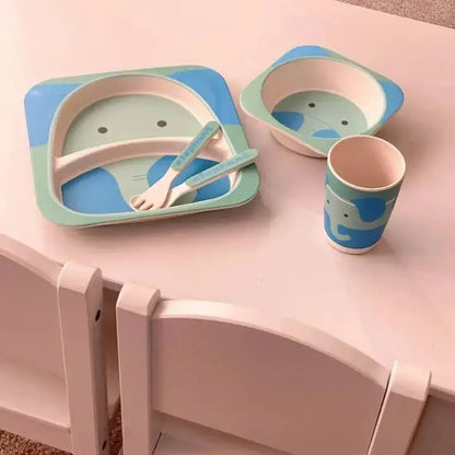 Children's 5 Piece Bamboo Dinner Set, Eco-Friendly, Dishwasher Safe (Elephant) - For The Baby