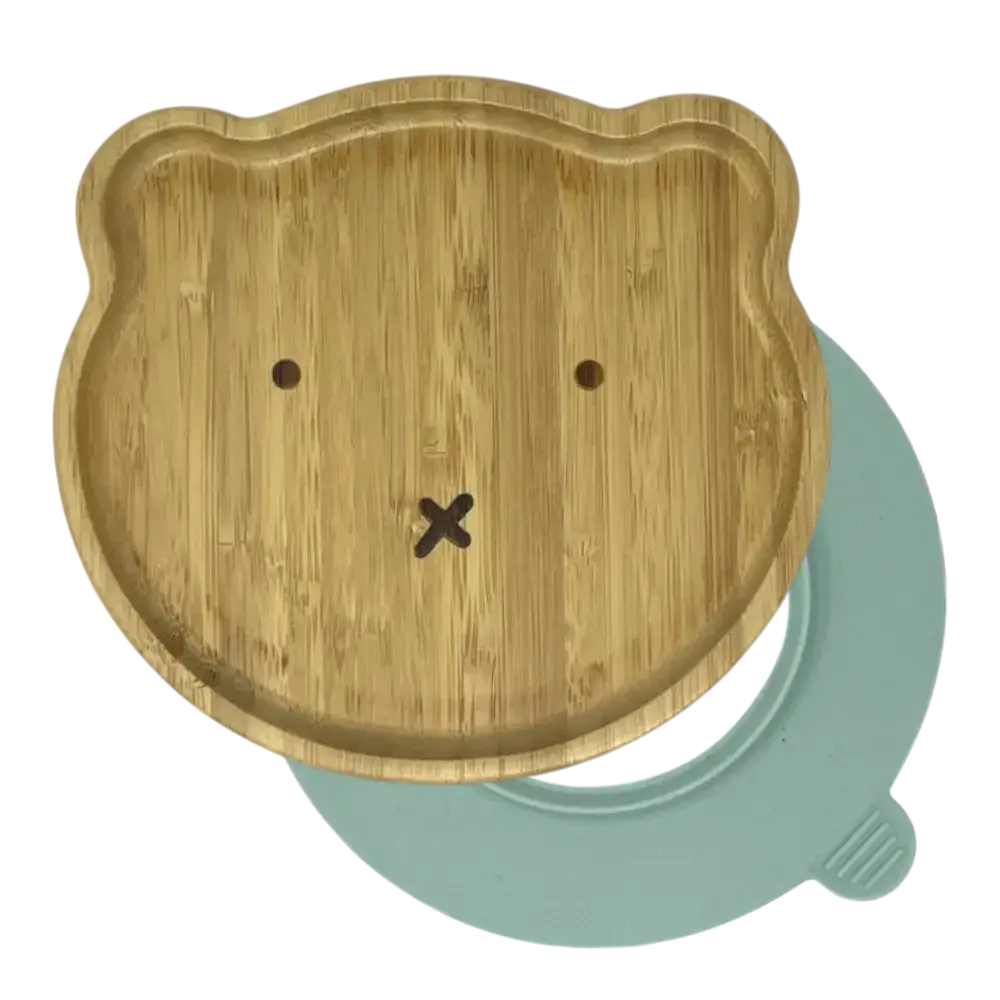 Bear bamboo suction plate with mint blue silicone base