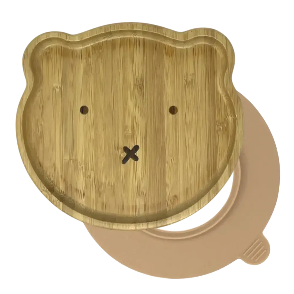 Bear bamboo suction plate with peach silicone base