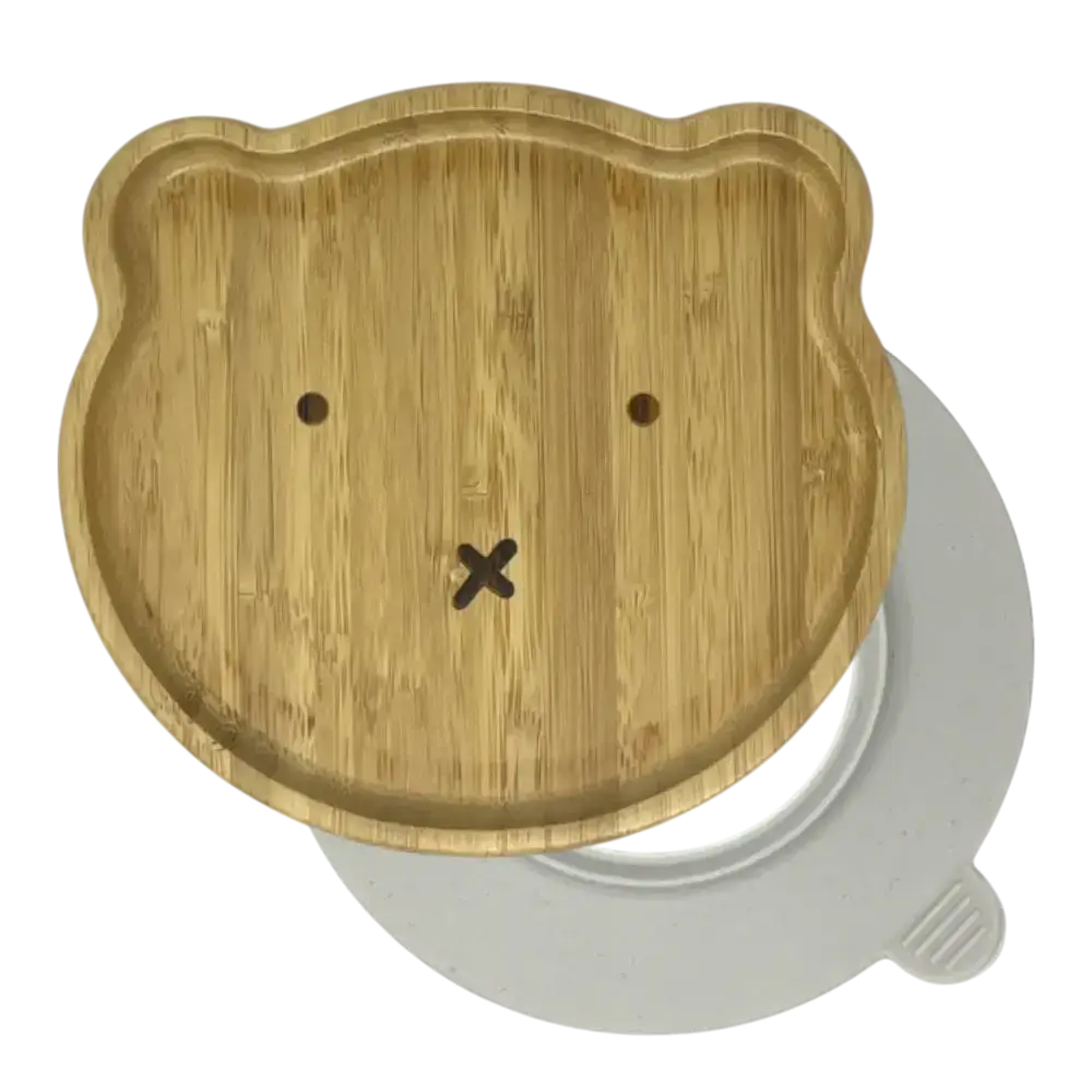 Bear bamboo suction plate with off white silicone base