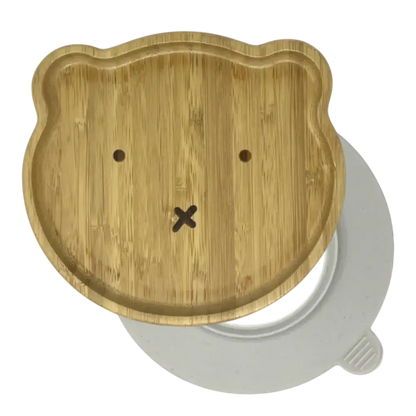 Bear bamboo suction plate with off white silicone base
