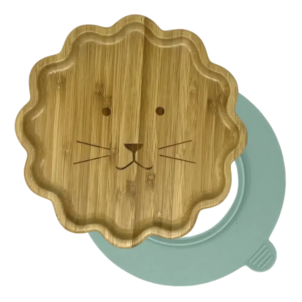 Lion bamboo suction plate with mint blue silicone base