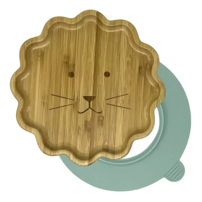Lion bamboo suction plate with mint blue silicone base