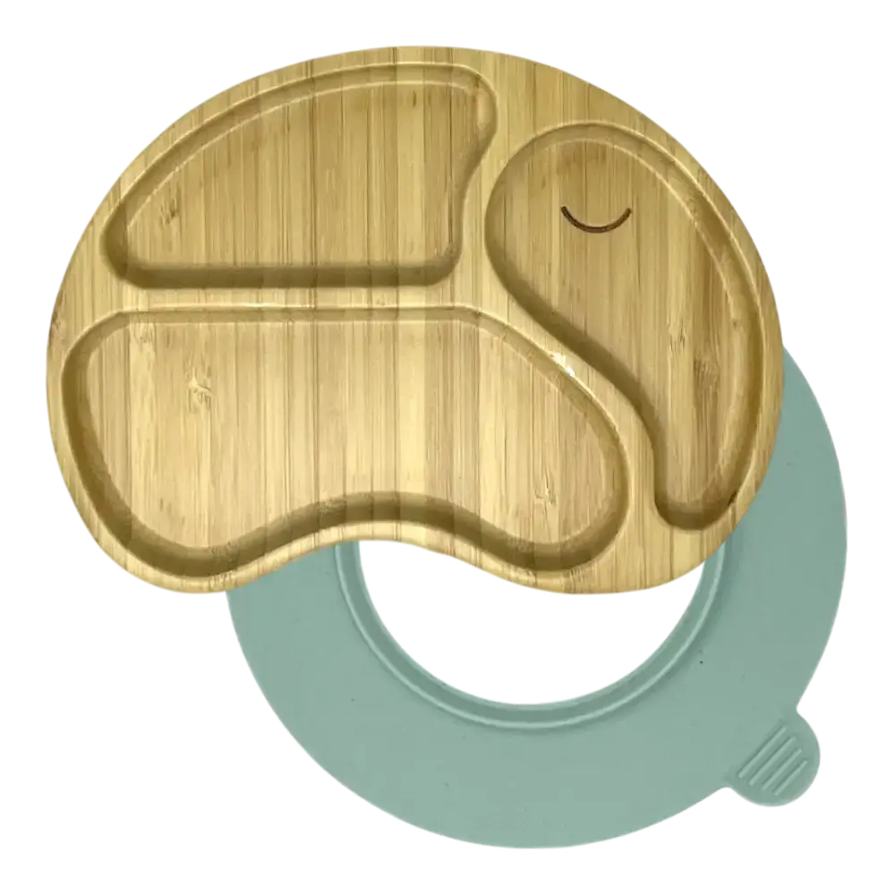 Elephant bamboo suction plate with mint blue silicone base