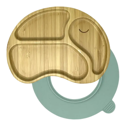 Elephant bamboo suction plate with mint blue silicone base
