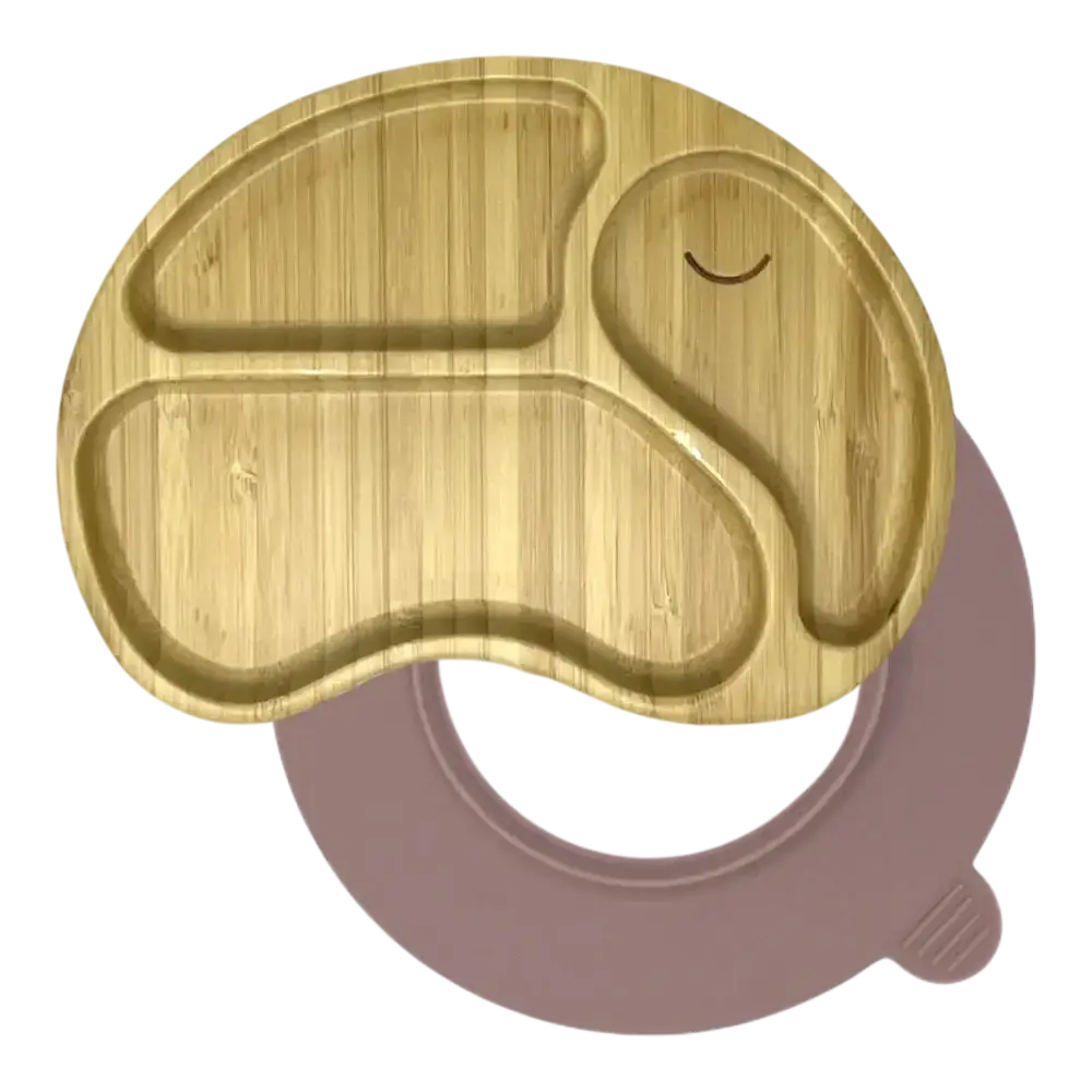 Elephant bamboo suction plate with soft pink silicone base