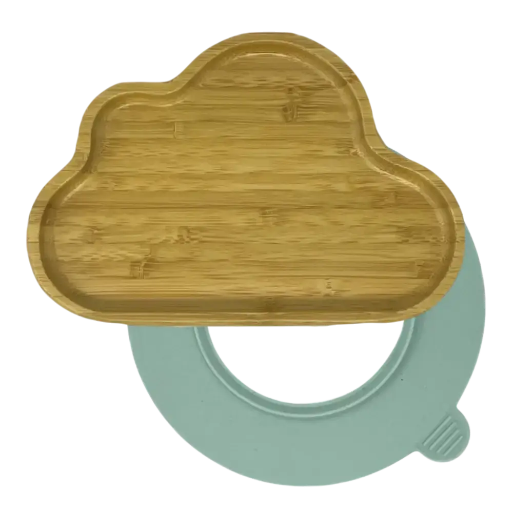 Cloud bamboo suction plate with mint blue silicone base