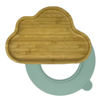 Cloud bamboo suction plate with mint blue silicone base