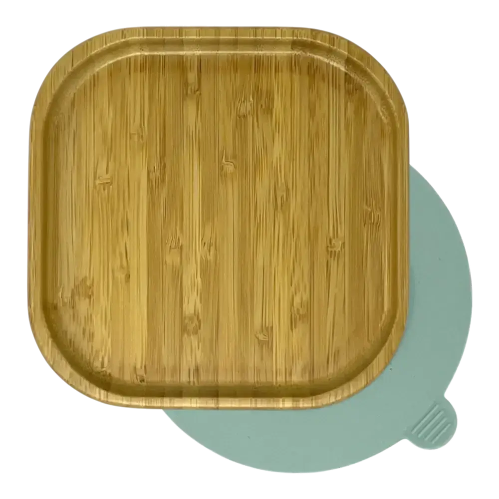 Square bamboo suction plate with mint blue silicone base