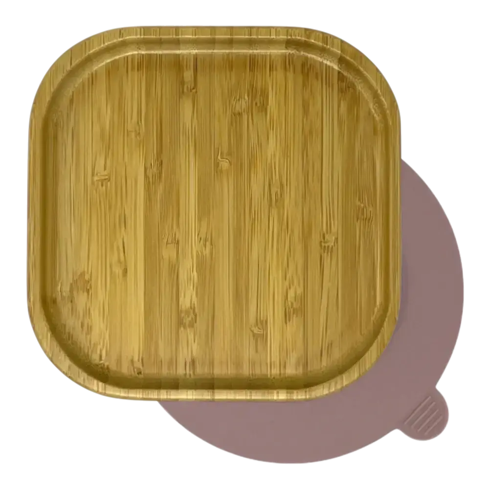 Square bamboo suction plate with soft pink silicone base