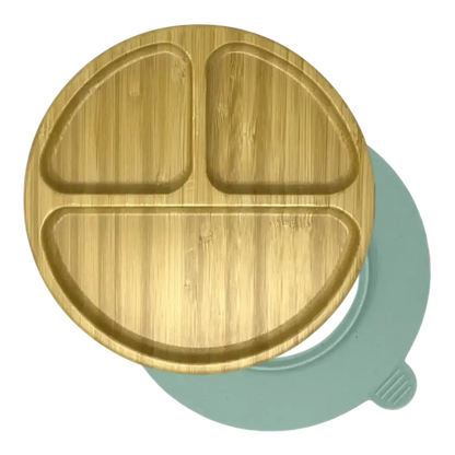 Round 3-section bamboo suction plate with mint blue silicone base