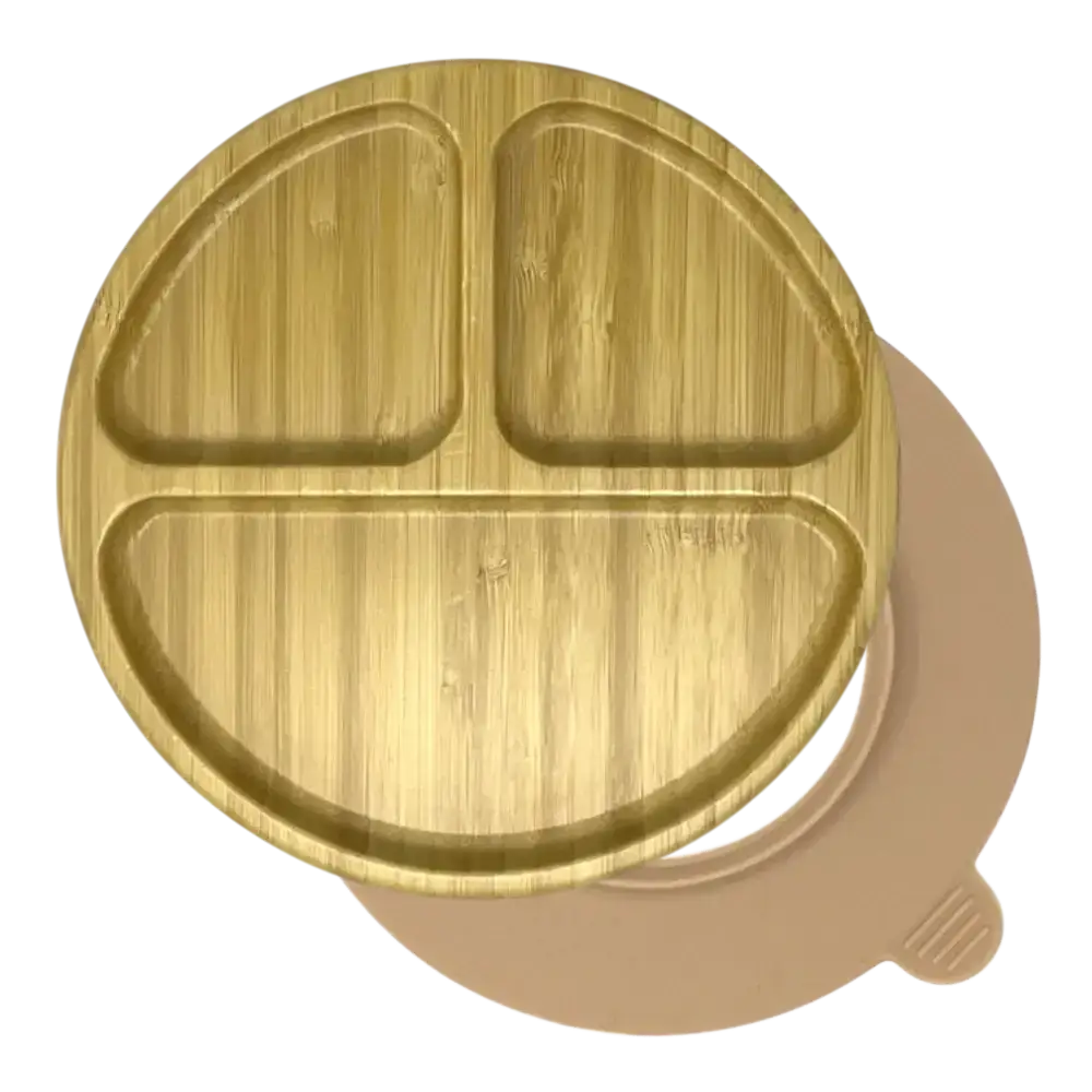 Round 3-section bamboo suction plate with peach silicone base