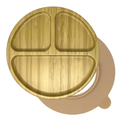 Round 3-section bamboo suction plate with peach silicone base