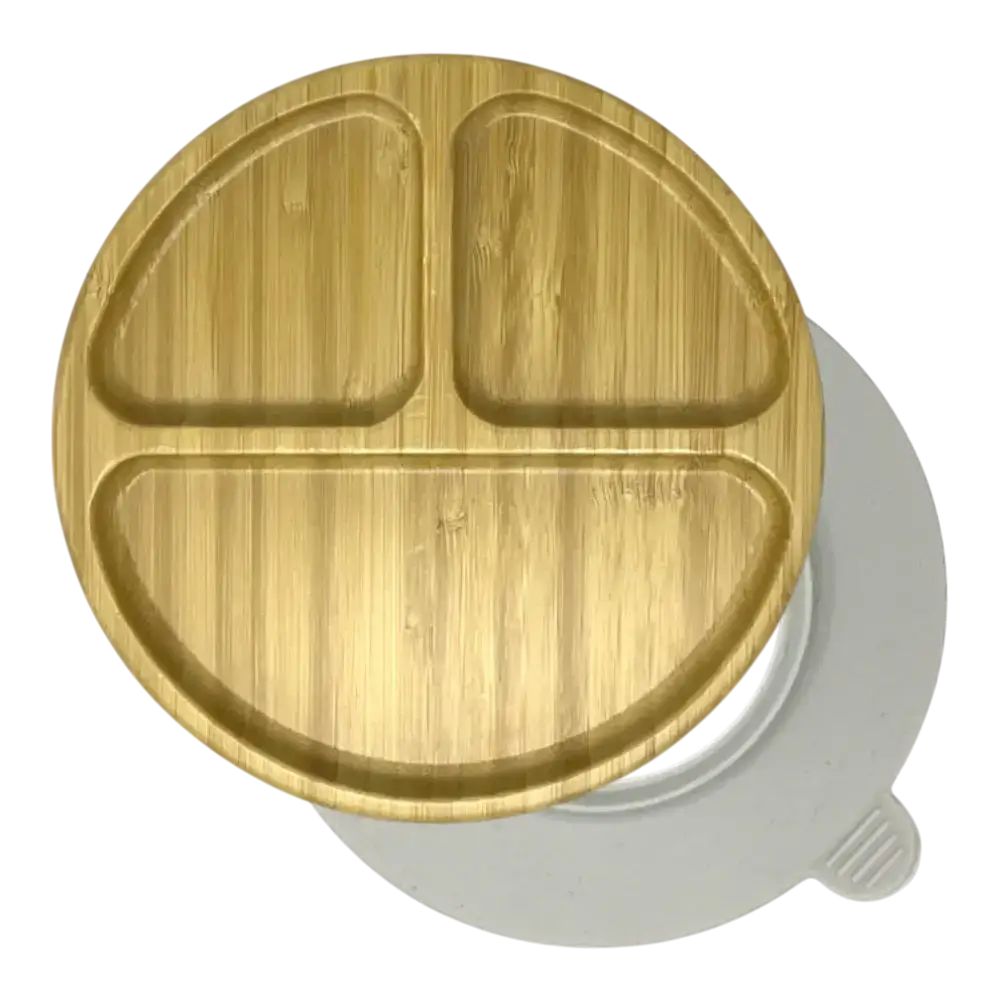 Round 3-section bamboo suction plate with off white silicone base