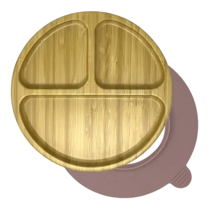 Round 3-section bamboo suction plate with soft pink silicone base