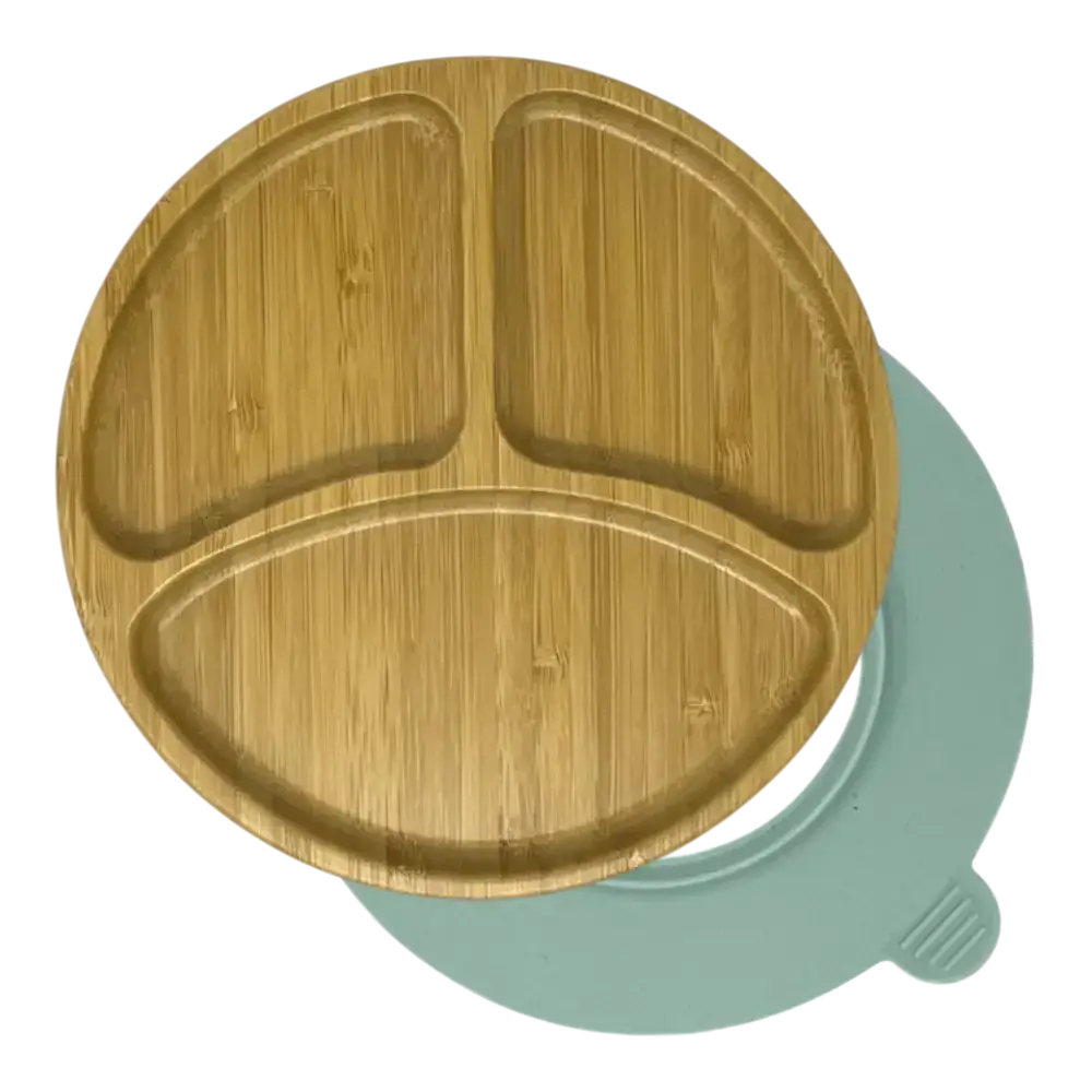 Round curved bamboo suction plate with mint blue silicone base