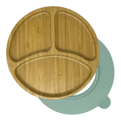 Round curved bamboo suction plate with mint blue silicone base