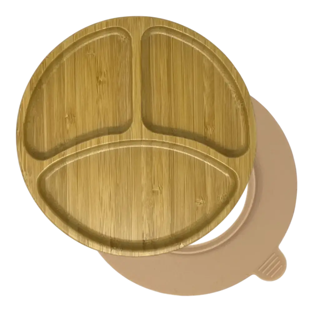 Round curved bamboo suction plate with peach silicone base