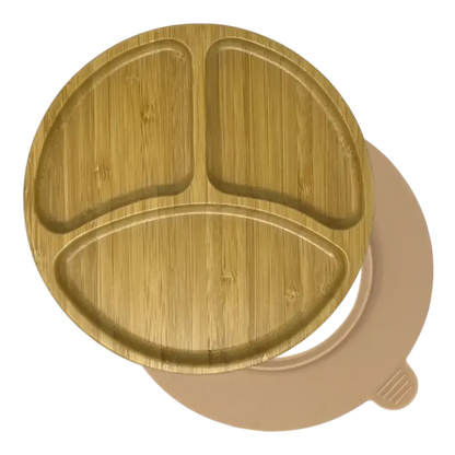 Round curved bamboo suction plate with peach silicone base