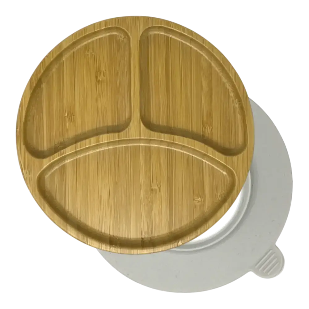 Round curved bamboo suction plate with off white silicone base
