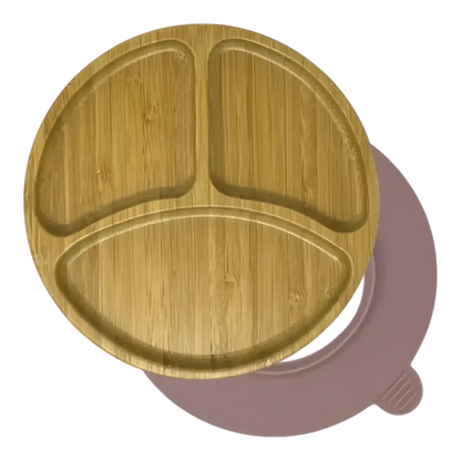 Round curved bamboo suction plate with soft pink silicone base
