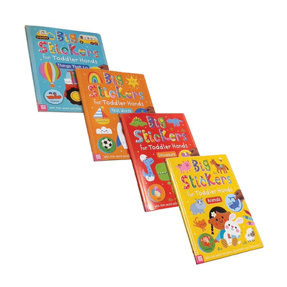 Four colourful children's sticker books on a white background