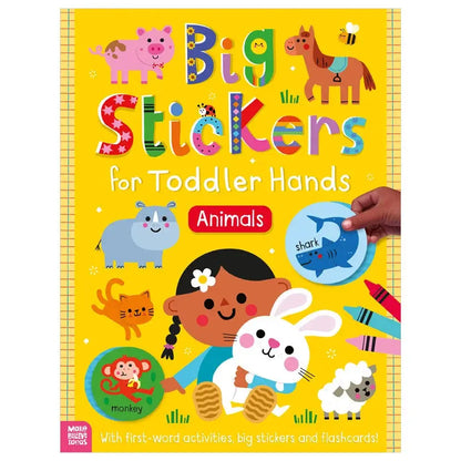 Big Stickers for Toddler Hands: Animals activity book cover, featuring colourful cartoon animals and a child holding a white rabbit sticker, with a hand holding a blue shark sticker on the right side.