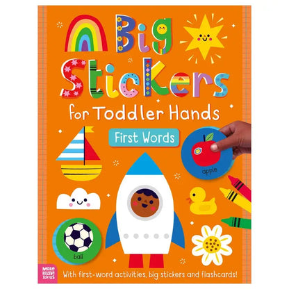 Book cover of 'Big Stickers for Toddler Hands: First Words' with colourful illustrations on an orange background.