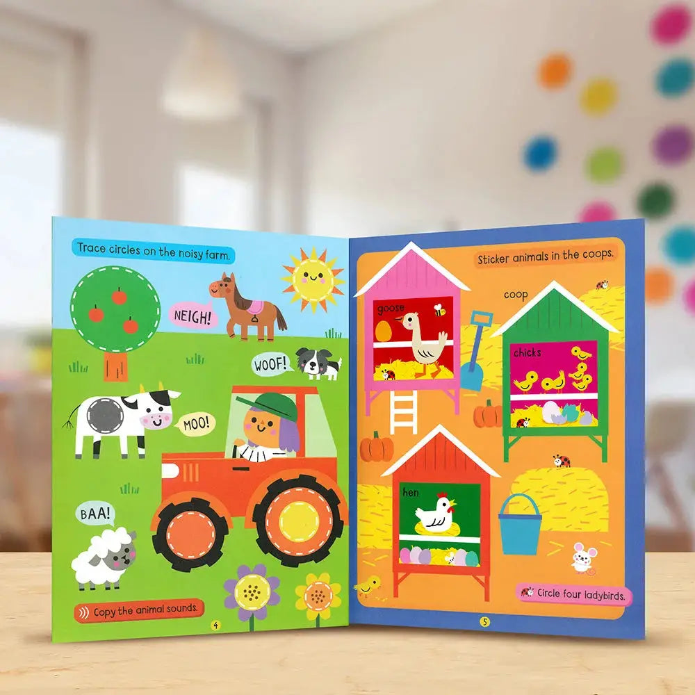 Children's educational book open to two colourful pages with farm-themed activities.