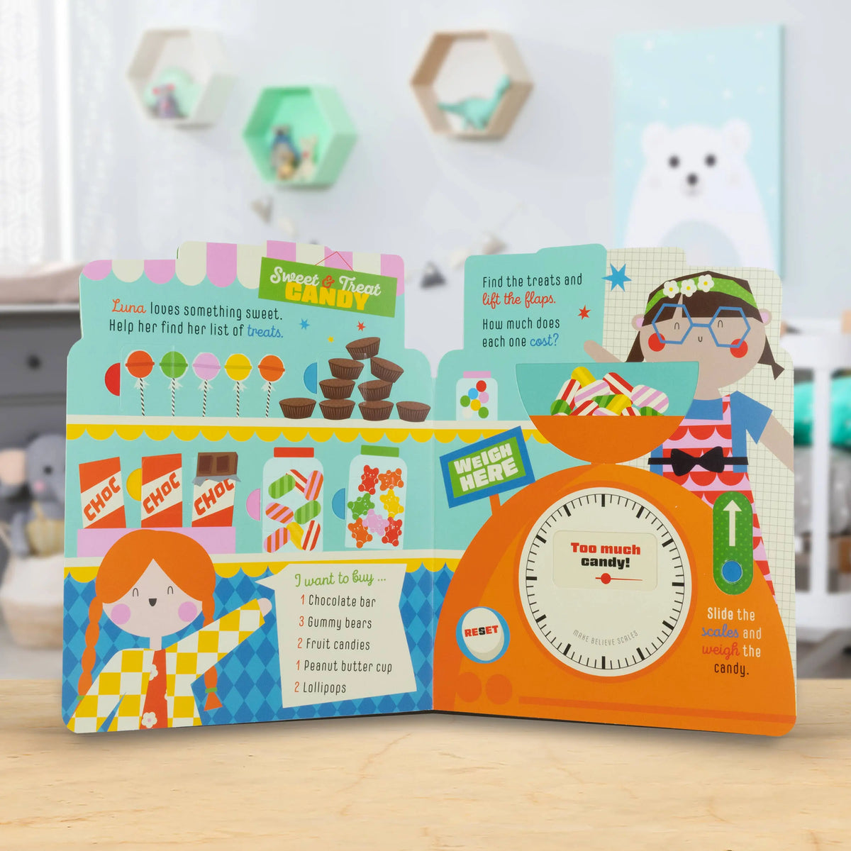 Children's book with colourful illustrations on a wooden surface