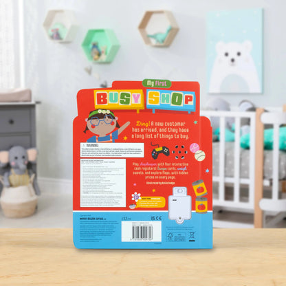 Children's toy packaging with 'My First Busy Shop' branding in a nursery setting.