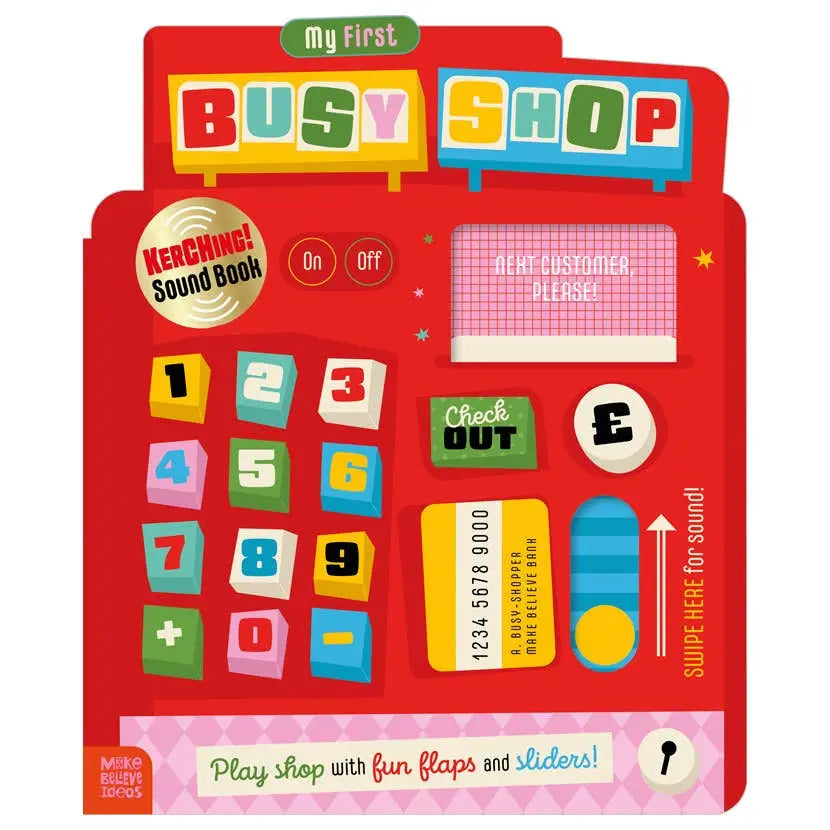 Children's sound book with a red cover featuring numbers, letters, and a check-out sign.