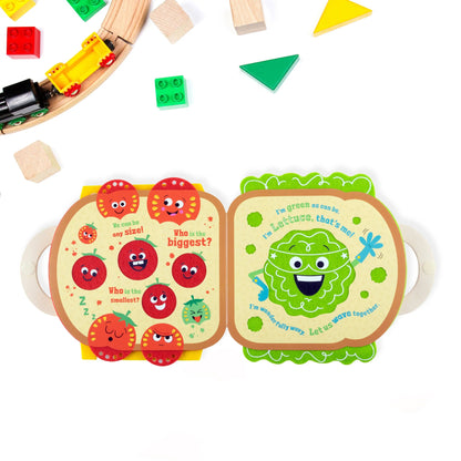 Children's book with tomato and lettuce illustrations on a white background