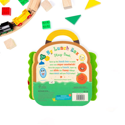Children's toy lunch box book with sandwich design on a white background