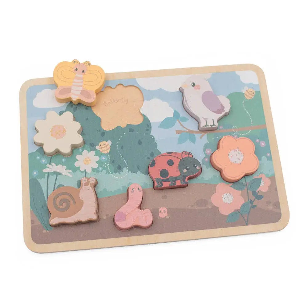 Wooden puzzle with animal and nature-themed wooden pieces on a white background