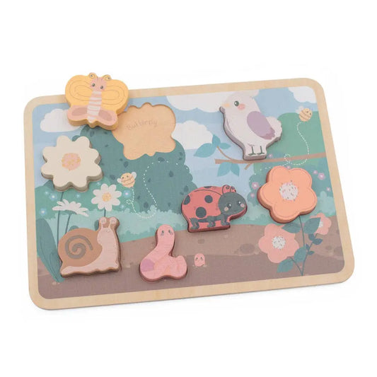 Wooden puzzle with animal and nature-themed wooden pieces on a white background