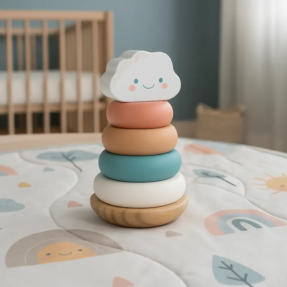 A wooden stacking ring toy for babies, featuring a smiling cloud topper and five pastel-coloured rings, displayed on a patterned baby blanket in a nursery setting.