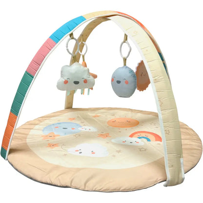 Children's play gym with colourful arch and hanging toys on a white background