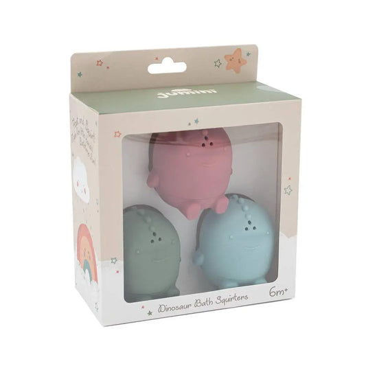 Three dinosaur-shaped bath squirts in a Jumini branded box on a white background