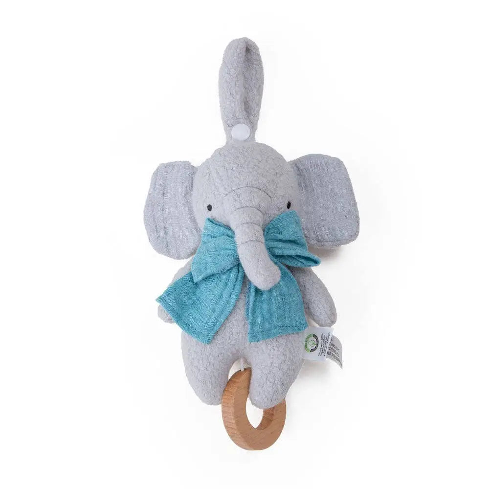 A grey muslin elephant baby teether with a turquoise blue bow and a natural wooden teether ring, shown against a plain white background.