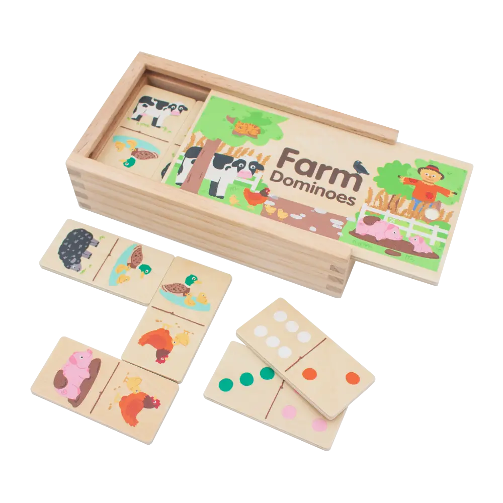 Wooden farm-themed dominoes set with packaging on a white background