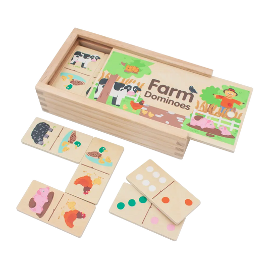 Wooden farm-themed dominoes set with packaging on a white background