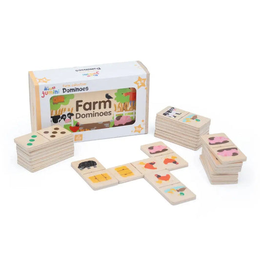 Wooden farm-themed dominoes set with packaging on a white background