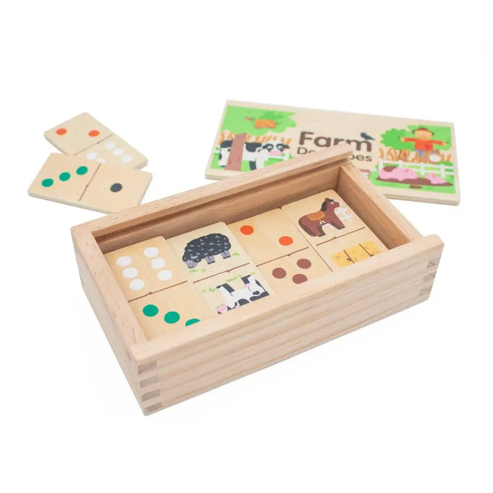 Wooden farm animal puzzle set with matching cards on a white background