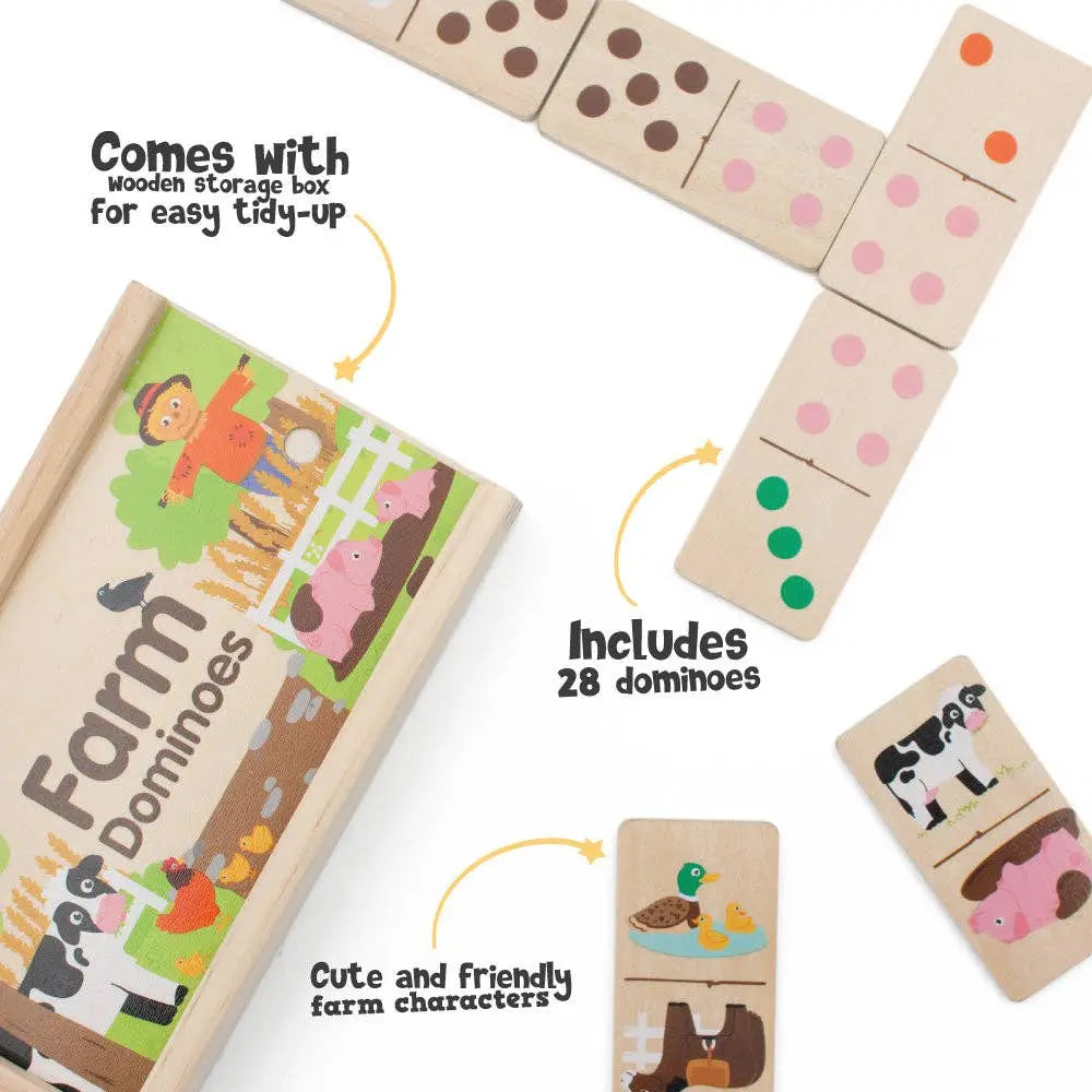 Wooden farm-themed dominoes set with packaging on a white background
